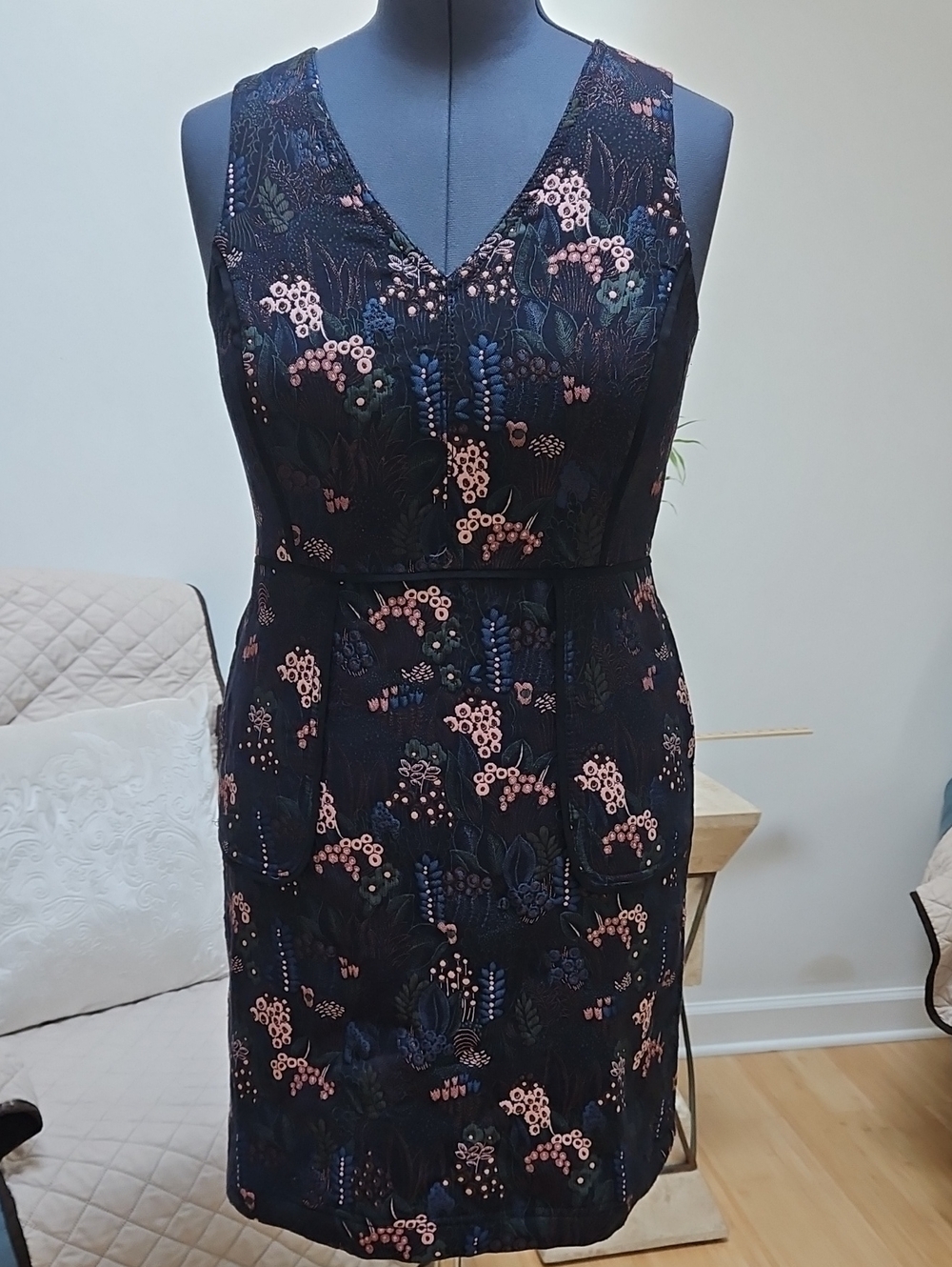 Ann Taylor Navy Floral V-Neck Dress with Pink Accents